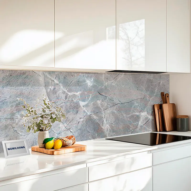 Küchenrückwand Alu Blau rosa grüne Marmorstruktur 442