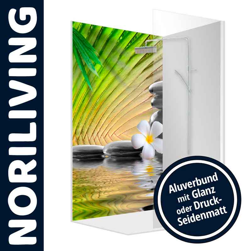 Duschtrennwand mit beruhigendem Zen-Motiv, bestehend aus Steinen und Blume, Aluverbund mit Glanz oder Seidenmatt-Finish