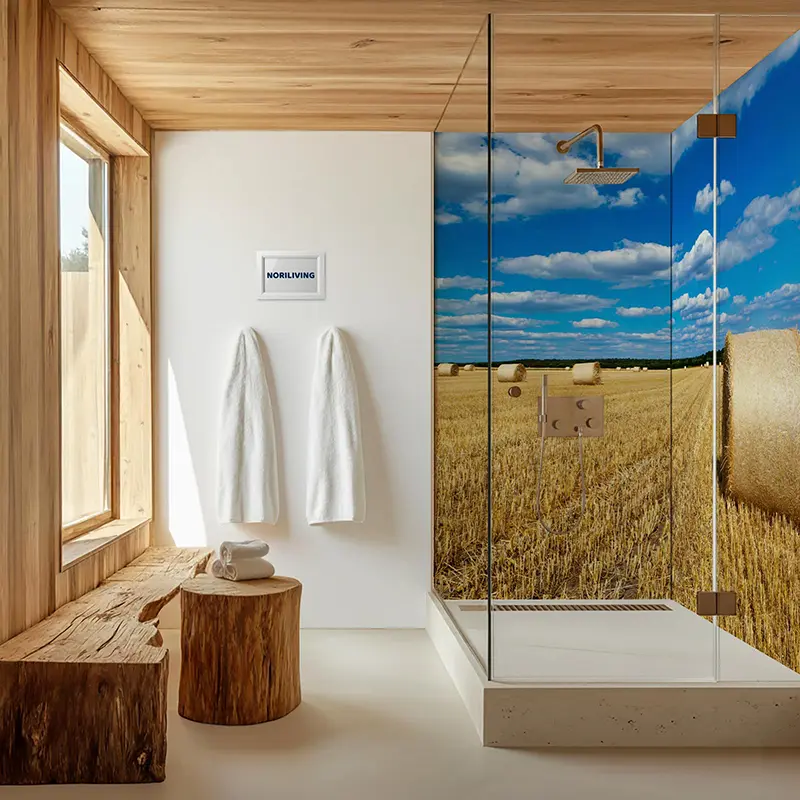 Innenansicht: Holzbad, Glasdusche mit Strohballen-Motiv