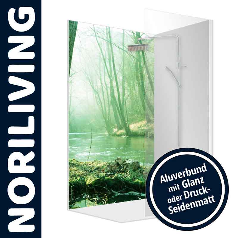 Noriliving Duschwand mit Naturmotiv - Aluverbund, Glanz oder Druck-Seidenmatt Schicke Duschwand von Noriliving mit einem malerischen Naturmotiv über einem Fluss, erhältlich in Aluverbund mit Glanzeffekt oder Druck-Seidenmatt.