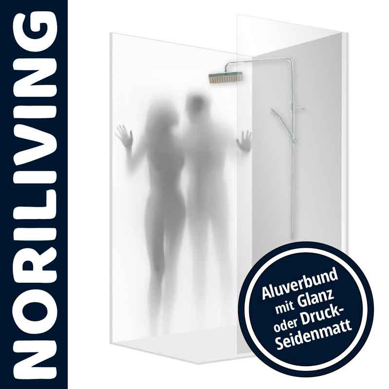 Moderne Duschabtrennung aus Alu-Verbund mit Glanz oder Druck-Seidenmatt Zwei silhouettierte Personen hinter einer matten Duschabtrennung aus Alu-Verbund, mit glänzender oder seidenmatter Bildschirm.