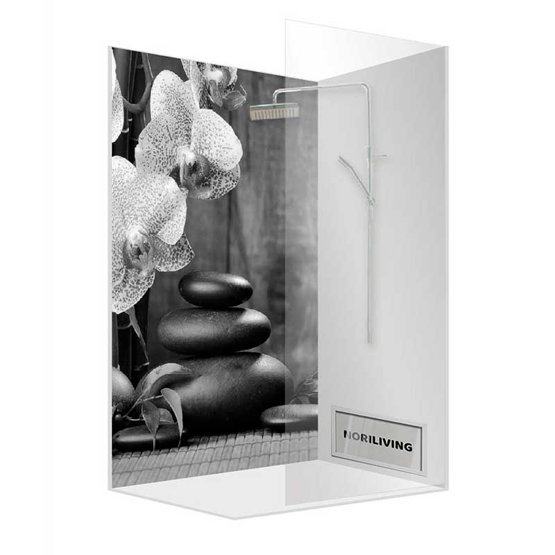 Designer-Duschkabine mit Orchideen- und Steinmotiv in Schwarz-Weiß Elegante Duschkabine mit floralem Orchideen-Design und Zen-Steinen in monochromen Farben
