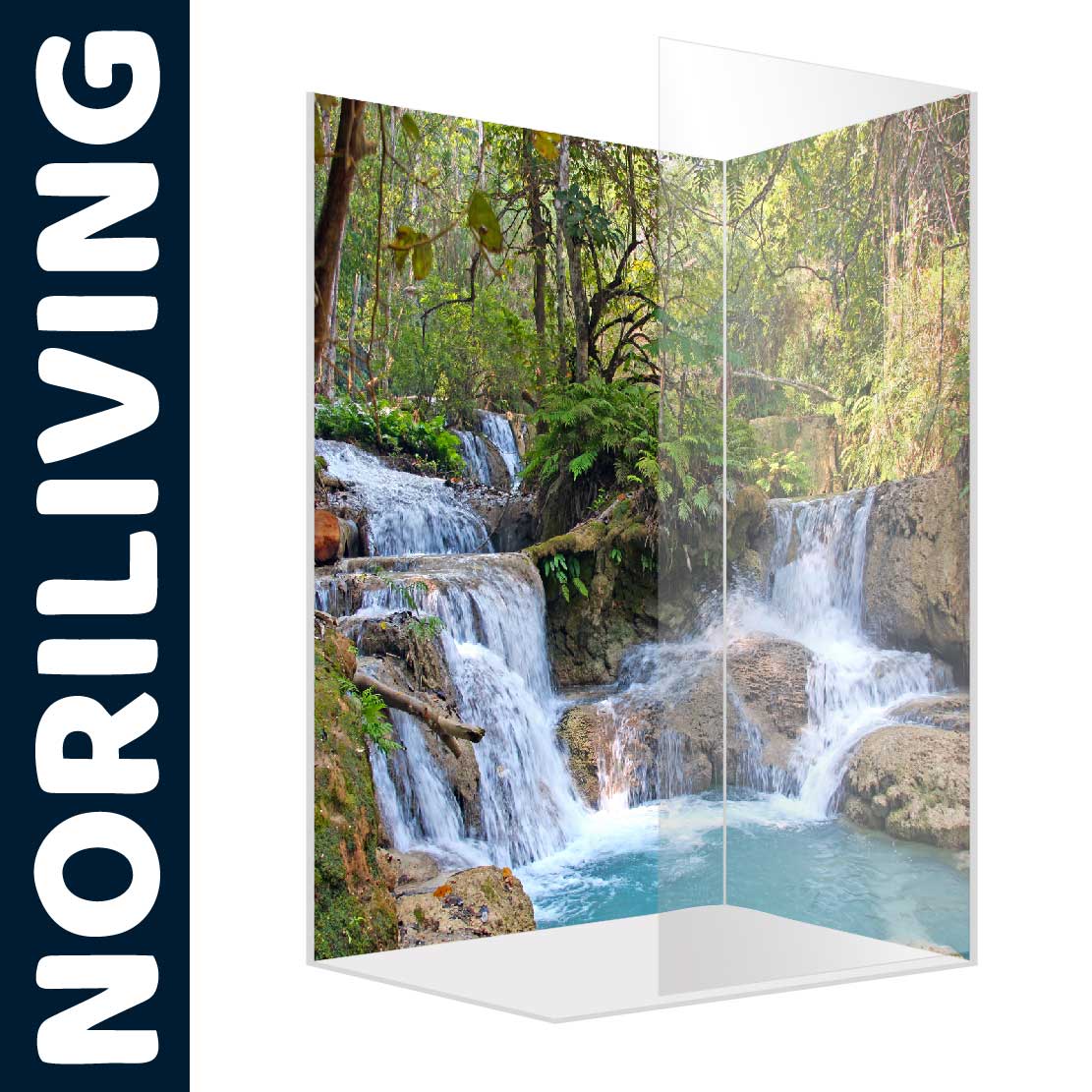 Abbildung einer Eck-Duschrückwand mit Motiv Wasserfall Kuang Si im Dschungel 220