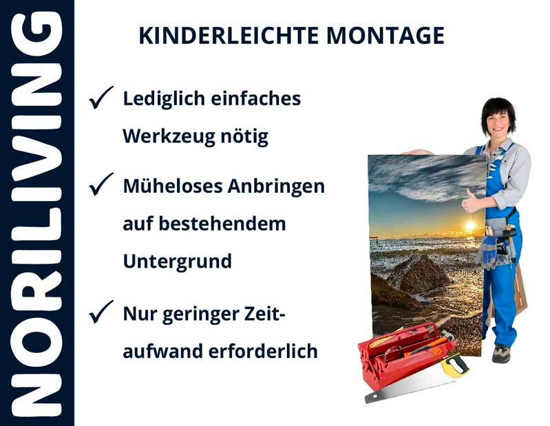 Frau hält ein Bild, einfache Montage mit minimalem Werkzeug und Zeitaufwand laut Noriliving Anleitung
