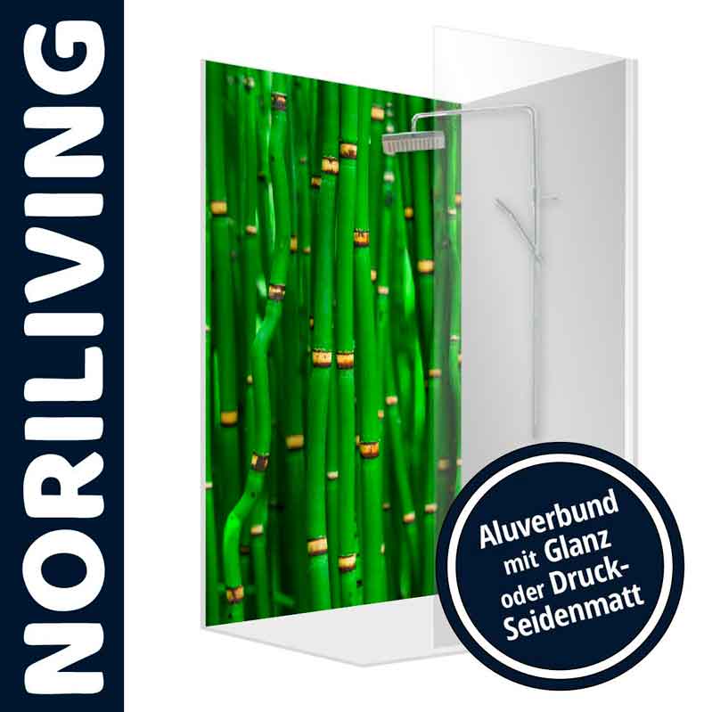 Duschwand von NoriLiving mit Bambusdesign und Alu-Verbund in glänzender oder mattierter Ausführung