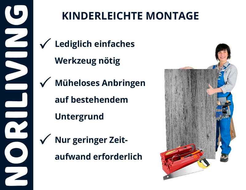 Frau hält Wandpaneel, bewirbt NORILIVINGs einfache Montage: nur einfaches Werkzeug nötig, mühelose Anbringung, geringer Zeitaufwand.