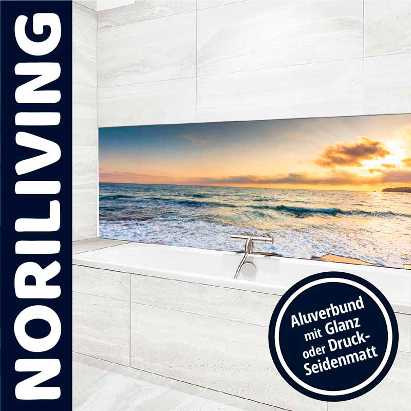 Stilvolle Küchenrückwand aus Aluverbund mit Meereslandschaft und Sonnenuntergang, ideal für moderne Küchen
