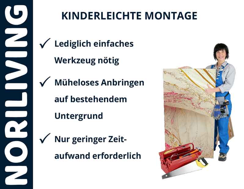 Poster von NORILIVING mit Frau und Werkzeug, das kinderleichte Montage erklärt