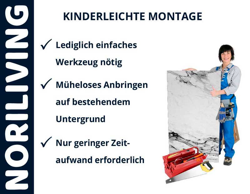 Person zeigt leicht montierbare Platte mit Werkzeug, neben Text: 'Kinderleichte Montage, Lediglich einfaches Werkzeug nötig, Müheloses Anbringen, Nur geringer Zeitaufwand erforderlich'