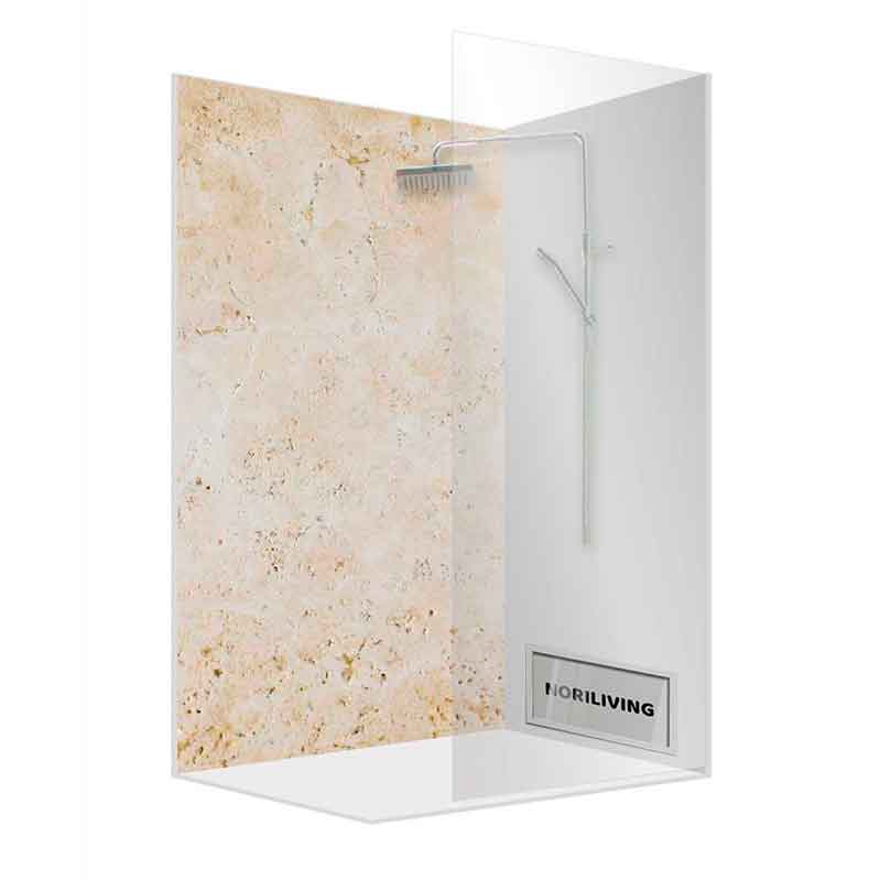 Duschkabine mit Glaswand und beige gefliester Rückwand, ideal für modernes Badezimmerdesign