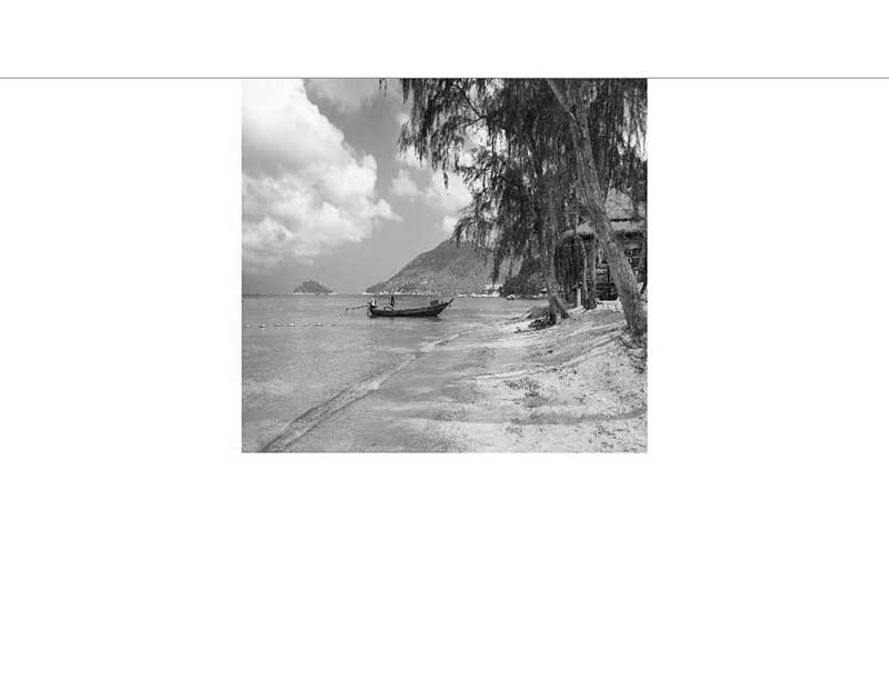 Ein Boot am Ufer eines sandigen Strandes mit Bäumen im Vordergrund und einer Berglandschaft im Hintergrund.