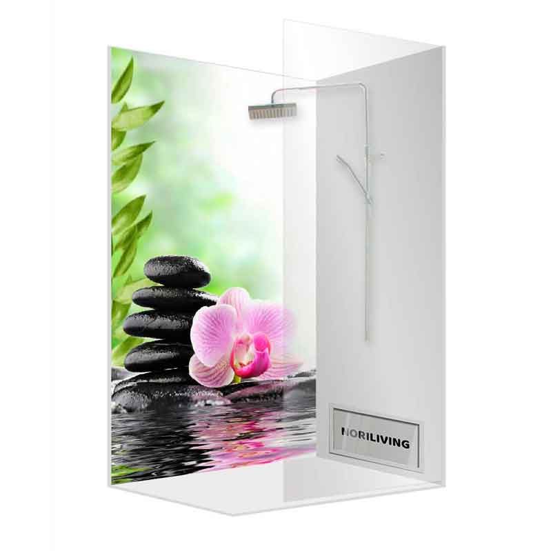 Duschkabine mit Zen-Steinen, rosa Orchidee und Blättern im Hintergrund