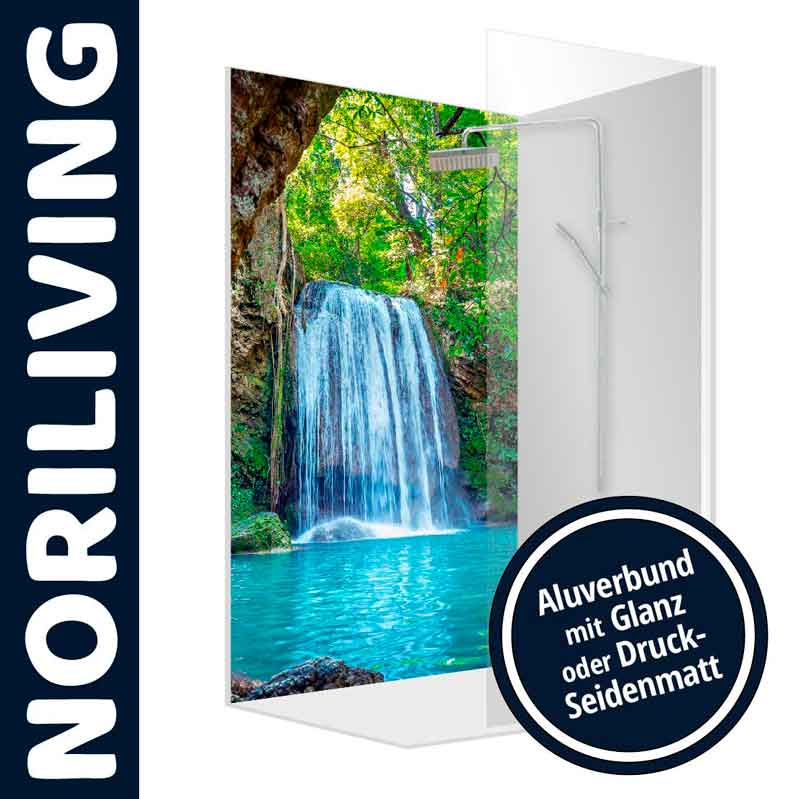 Duschwand von NORILIVING mit einem natürlichen Wasserfallmotiv, ideal für moderne Badezimmer