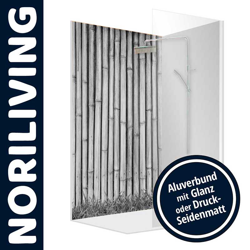 Aluverbund Duschrückwand in Bambus-Optik von Noriliving, glänzend oder seidenmatt erhältlich