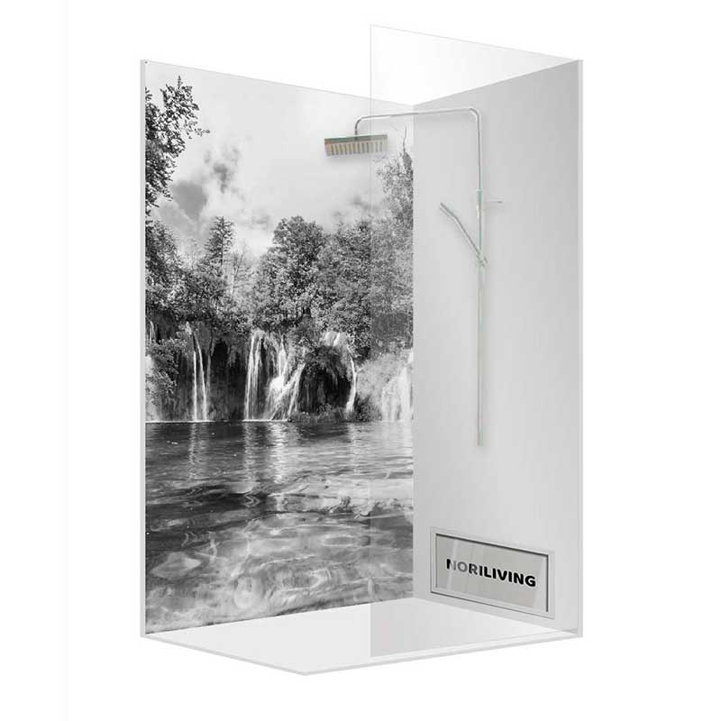 Moderne Duschwand mit Wasserfallmotiv und Glasabtrennung im Badezimmer