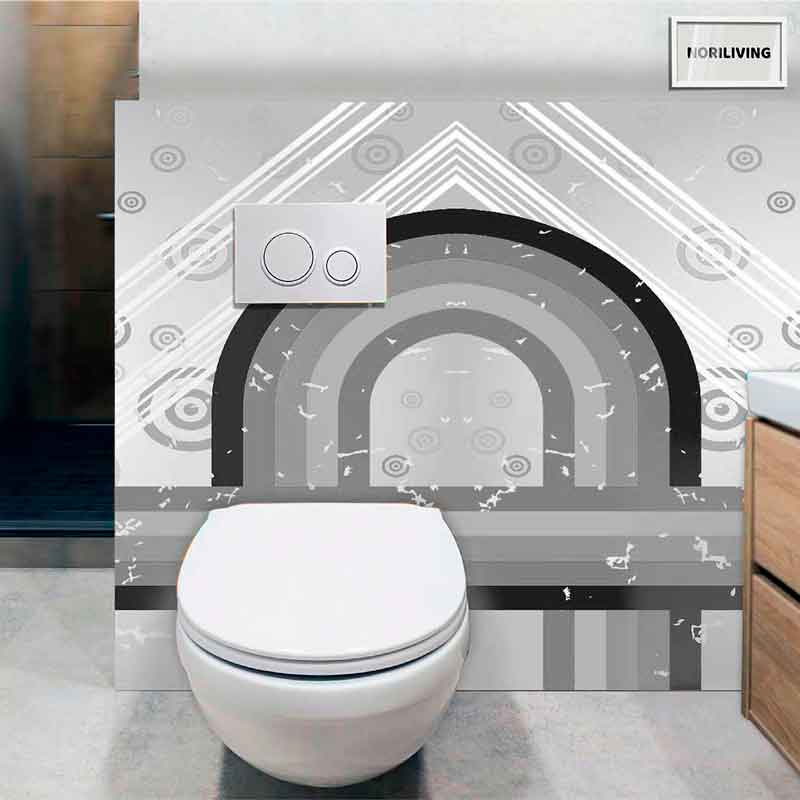 Stilvolles Badezimmer mit grauer Wanddekoration im geometrischen Design und Hänge-WC