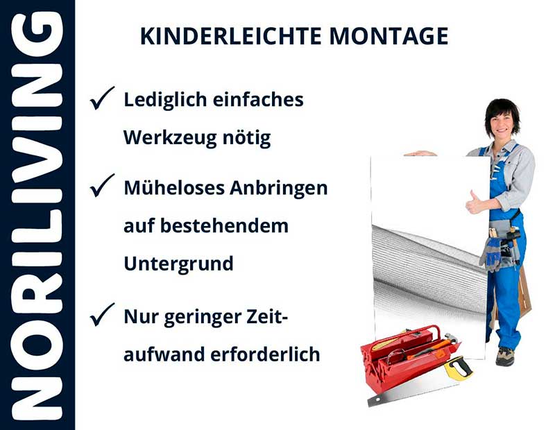 Die Vorteile der Noriliving Produkte: Einfache Montage, müheloses Anbringen und geringer Zeitaufwand. Person in Arbeitskleidung zeigt Werkzeug.