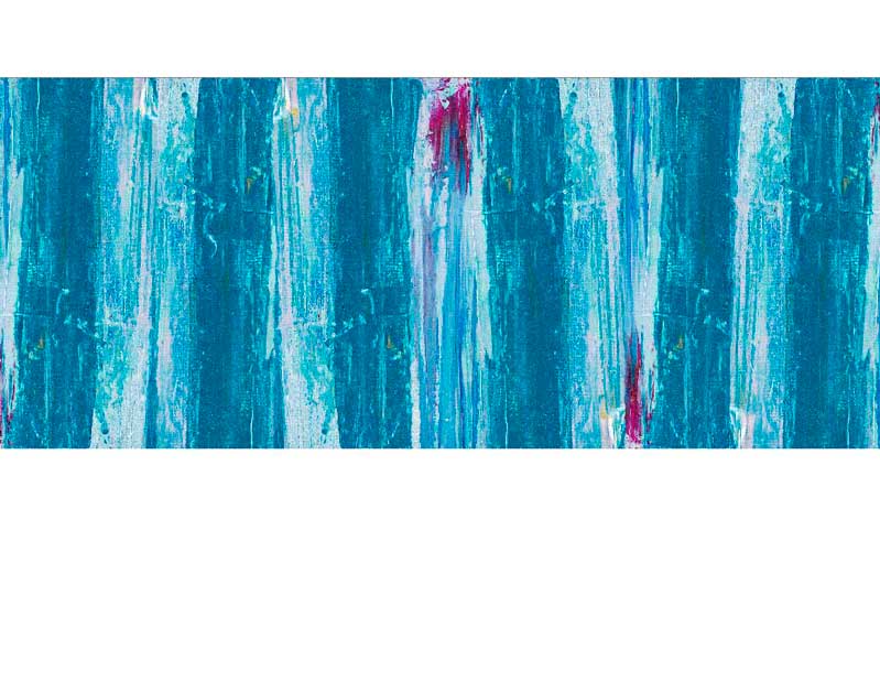 Abstrakte Malerei in Blau- und Türkistönen mit vertikalen Mustern und pinken Akzenten