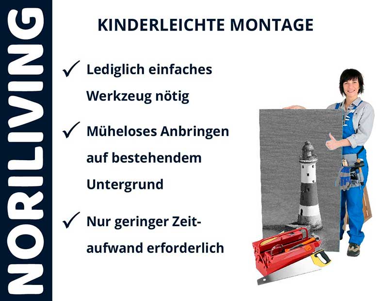 Infografik zur kinderleichten Montage von Noriliving-Produkten mit minimalem Werkzeugaufwand