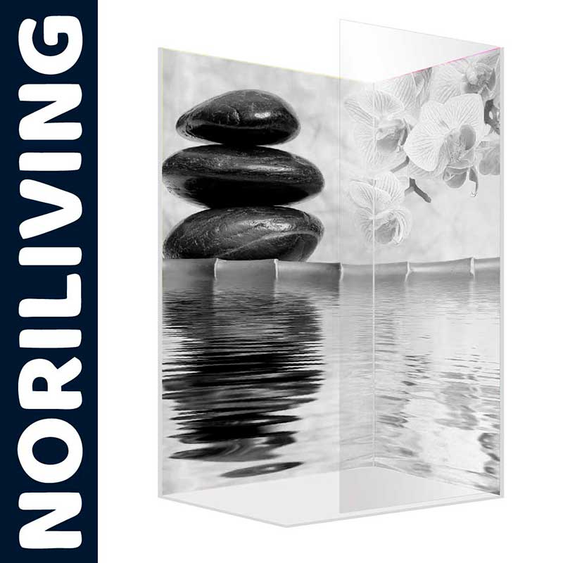 Dekorative Duschwand mit Zen-Motiven von Noriliving Duschwand von Noriliving mit Zen-Steinen und Blütenmuster