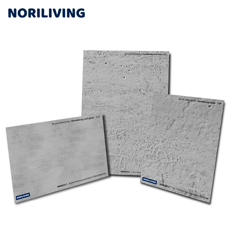 Drei verschiedene NORILIVING Musterplatten mit Betonoptik zur Wandgestaltung in seidenmatter Ausführung