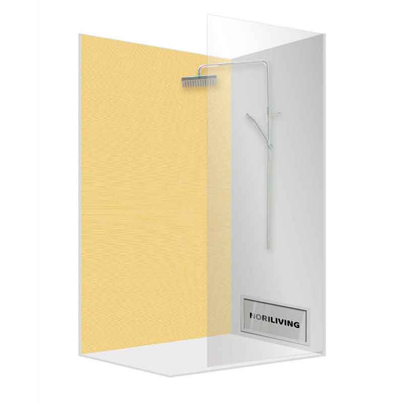 Moderne Walk-In-Dusche mit Seitenscheibe Transparente Walk-In-Duschkabine mit gelber Rückwand und Regenduschkopf