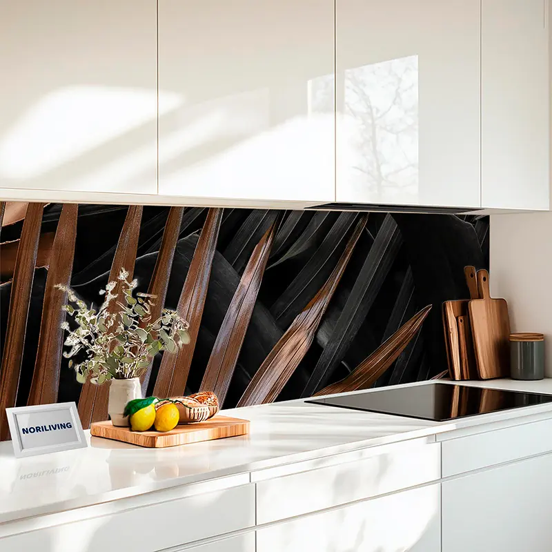 Küchenrückwand Alu Kupfer und grau tropische Monstera- und Palmenblätter 459