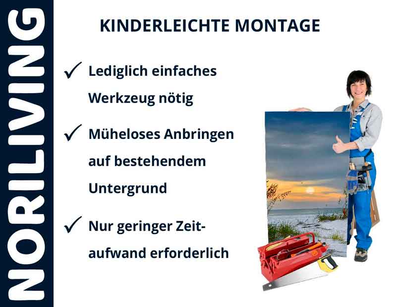 Montageanleitung von NORILIVING mit einfacher Werkzeugnutzung, schnellem Anbringen und geringem Zeitaufwand. Handwerker mit Bild und Werkzeug.