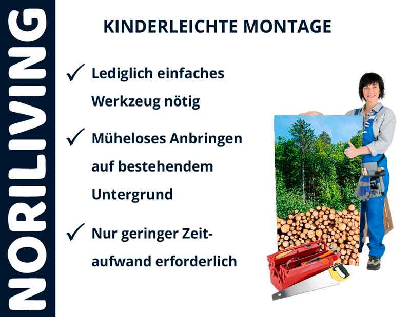 Person hält ein Bild eines Waldes mit einem Stapel Holz vor sich, neben Text über einfache Montage.