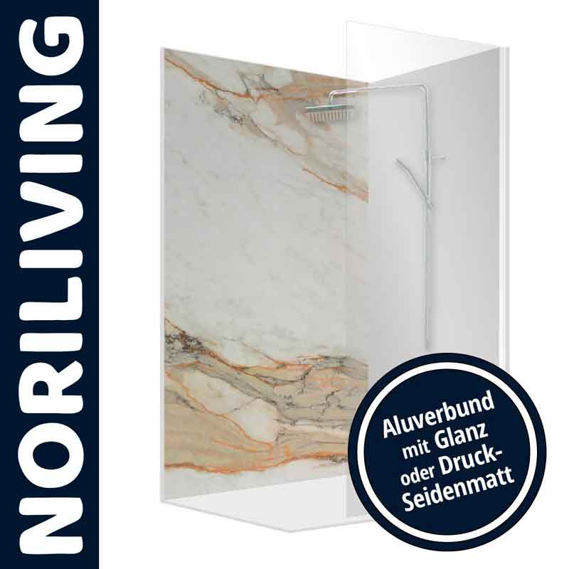 Duschtrennwand mit marmoriertem Design, zur Auswahl in Glanz oder Druck-Seidenmatt.