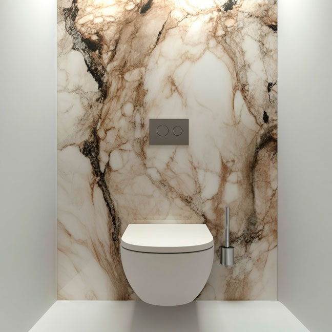 Elegante Wandtoilette mit Marmoroptik-Rückwand Moderne Wandtoilette vor einer stilvollen Rückwand aus Marmoroptik mit integriertem Spülsystem und Toilettenbürste.