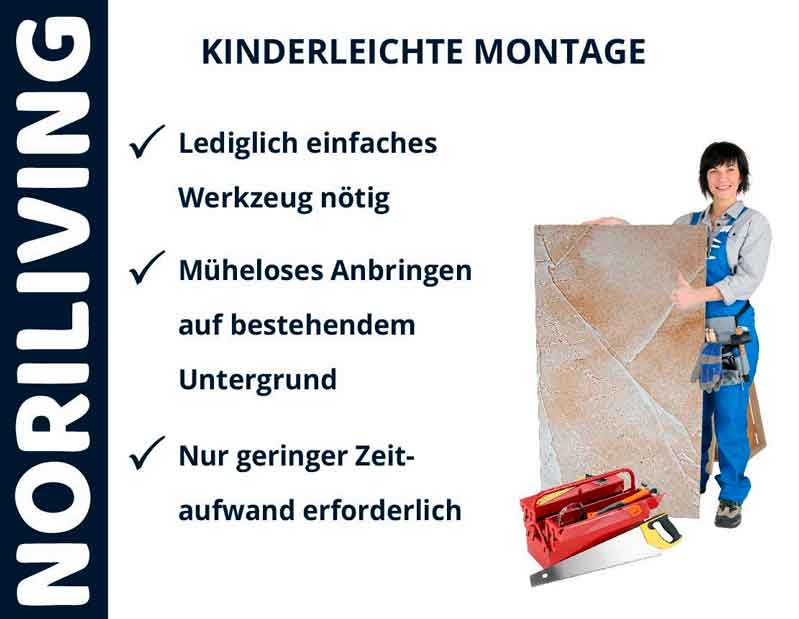 NORILIVING Werbegrafik zeigt einfache Montage mit Werkzeug und Person, die eine Platte hält