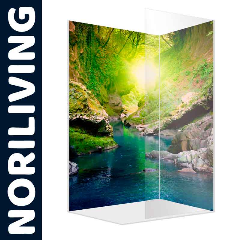 Noriliving Duschwand mit Naturmotiv aus grünem Wald mit Fluss Duschwand von Noriliving mit idyllischem Wald- und Flussbild