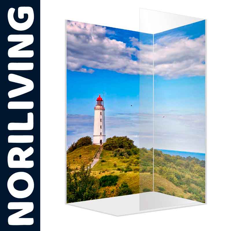 Raumteiler mit Leuchtturm und Küstenlandschaft im Hintergrund von NORILIVING