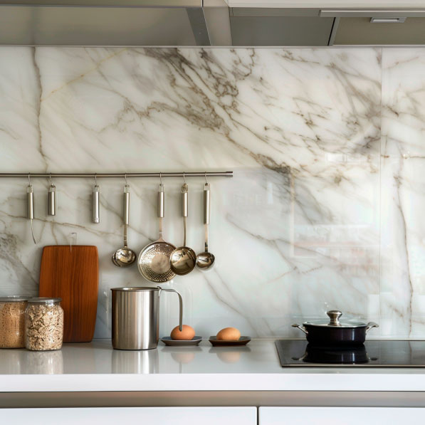 Elegante Kücheneinrichtung mit Marmorrückwand, auf der Kochutensilien und Vorratsbehälter arrangiert sind