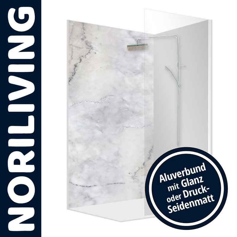 Duschwand von NORILIVING mit Aluverbund in Glanz oder Druck-Seidenmatt, graue Marmoroptik