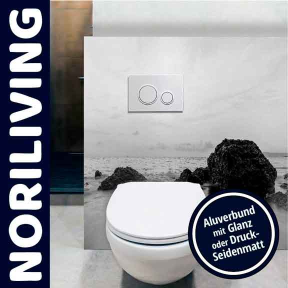 Badezimmer mit stilvollem Design, Fotowand eines Meeresstrandes und Spülsystem, präsentiert von NORILIVING.