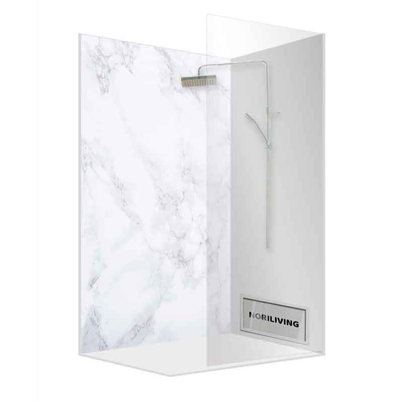 Edle Dusche mit Marmor-Optik und moderner Armatur Schicke Dusche mit Marmor-Dekorplatten und moderner Duscharmatur von Noriliving
