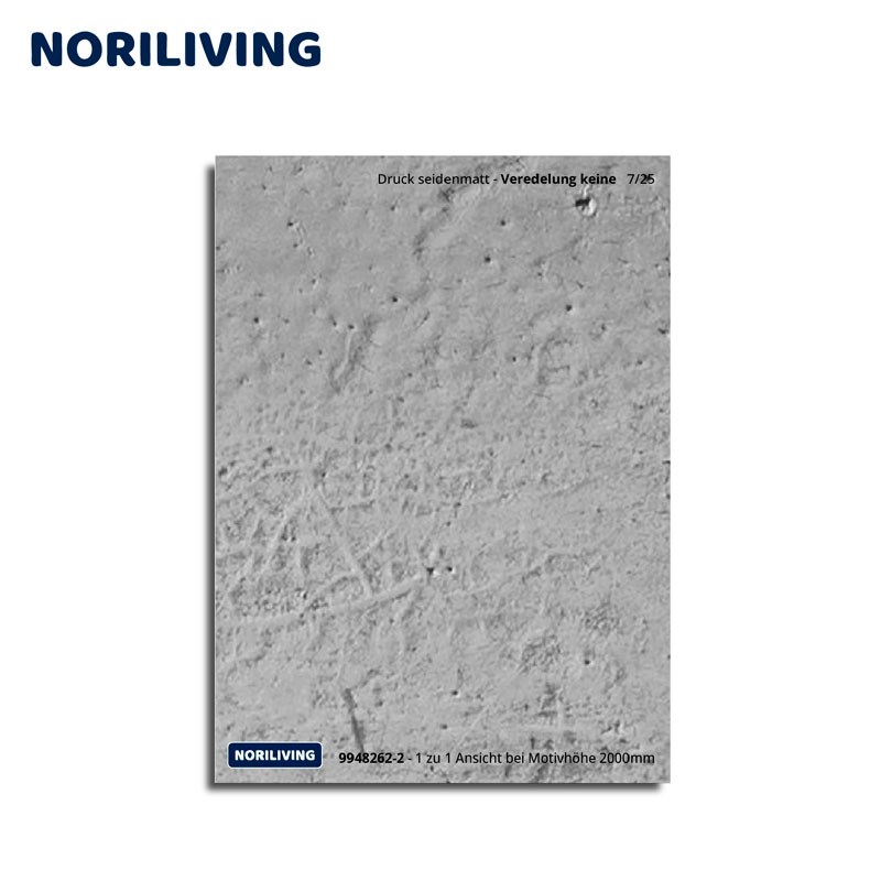 Graue Wandverkleidung mit seidenmattem Druck, keine Veredelung, 1 zu 1 Ansicht bei einer Motivhöhe von 2000 mm, von NORILIVING.