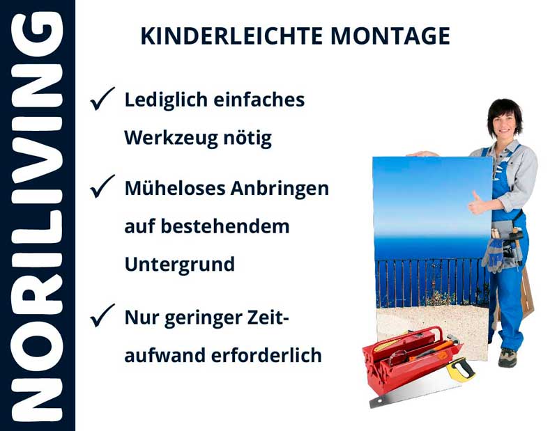 Kinderleichte Montage mit Noriliving: Einfach, schnell, mühelos Frau zeigt mit Noriliving kinderleichte Montage; einfache Werkzeuge, müheloses Anbringen und geringer Zeitaufwand