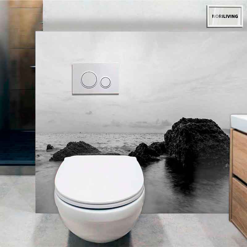 Modernes WC mit kreativem Hintergrunddesign WC mit Meerlandschaft als Wandgestaltung im Badezimmer