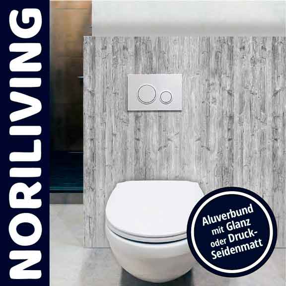 Toilettenbereich mit einer modernen Designwand von Noriliving, Alubund mit Glanz- oder Druck-Seidenmatt-Finish.