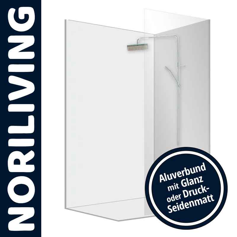 Transparentes Glas-Duscheck mit Aluverbund von Noriliving in Glanz- oder Druck-Seidenmatt-Ausführung