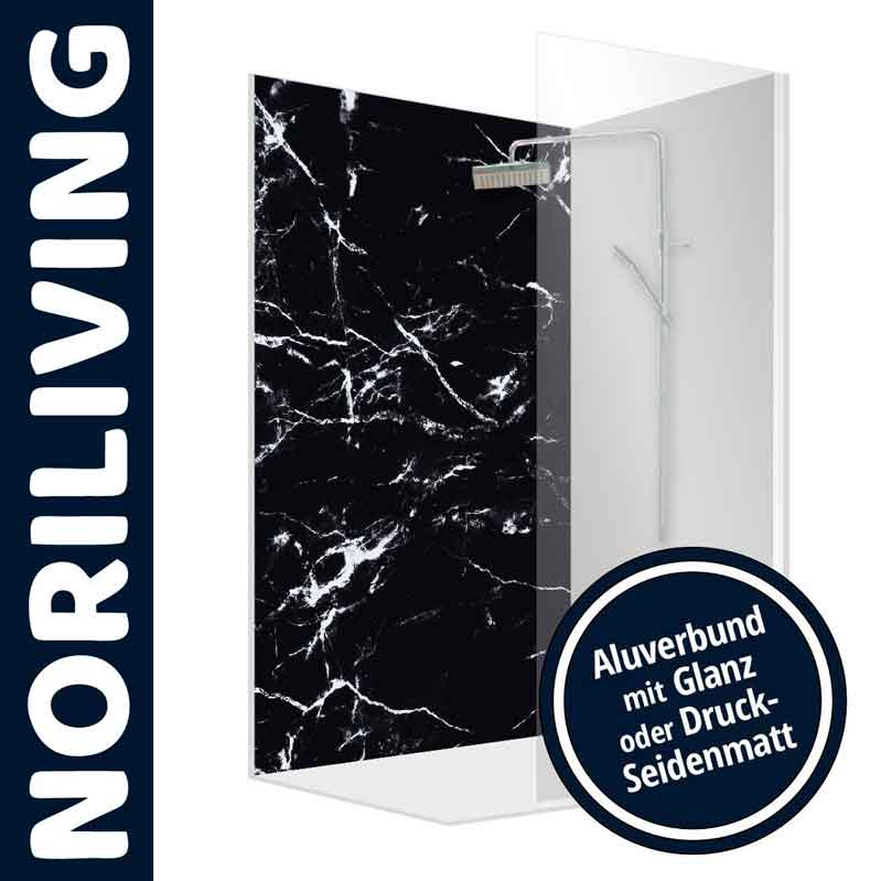 Stylische Duschrückwand mit schwarzem Marmor-Design von Noriliving, aus Aluverbund mit Glanz oder Druck-Seidenmatt