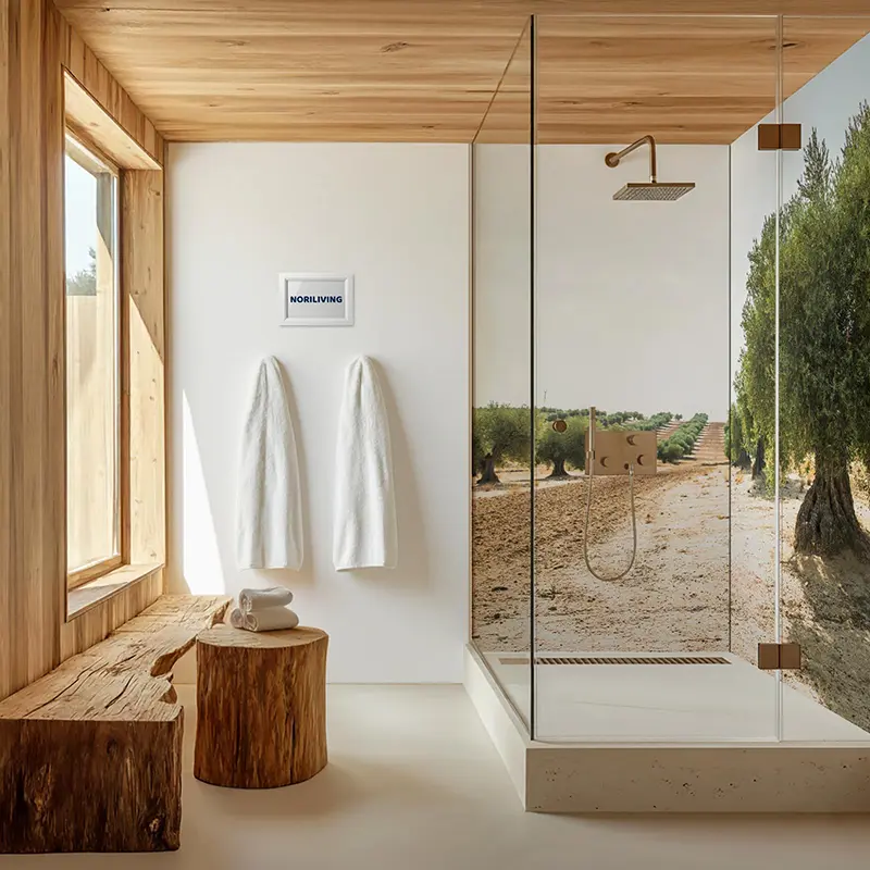 Helles Bad mit Glasdusche und Olivenhain-Motiv