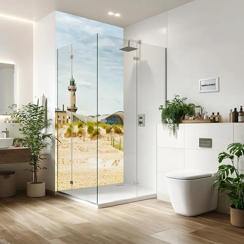 Duschrückwand Einzel | Ecke | Alu Leuchtturm und Teepott-Gebäude in Rostock Warnemünde 379