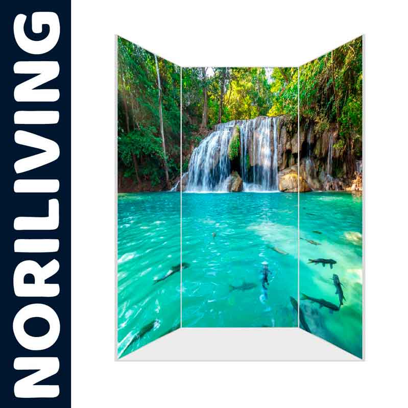 Panorama-Raumteiler mit tropischem Wasserfall und türkisblauem Wasser