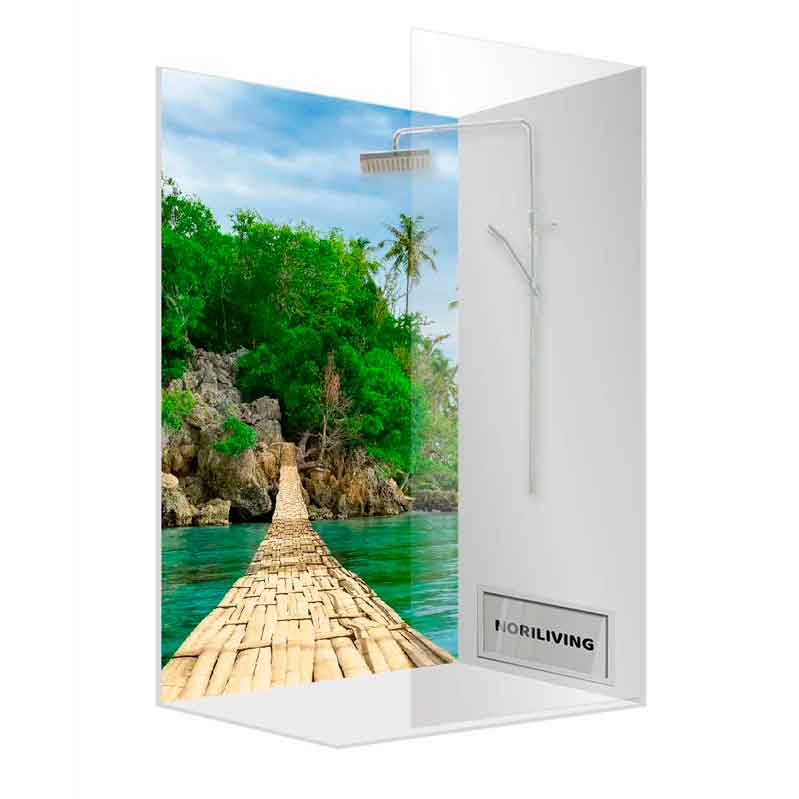 Moderne Duschwand mit tropischem Bambusweg-Motiv und grüner Landschaft