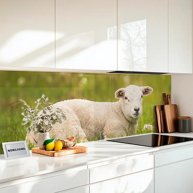 Küchenrückwand Alu Neugeborene Zwillingslämmer auf üppiger grüner Wiese im Frühling 434