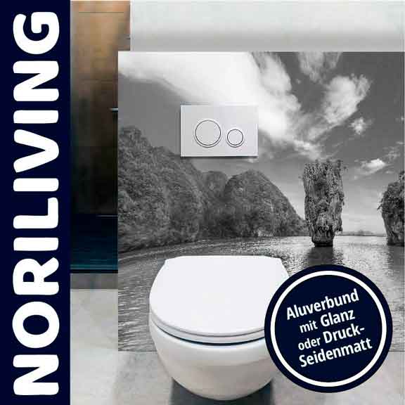 Besondere WC-Kulisse mit Aluverbund Deko von Noriliving WC mit auffälliger Landschaftsdekoration in schwarz-weiß, Marke Noriliving, Design in Aluverbund mit Glanz oder Druck-Seidenmatt